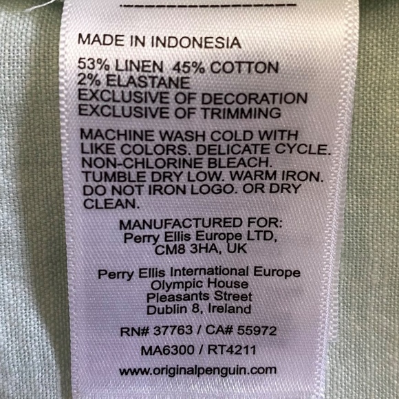 Original Penguin Linen Blend Woven Button-Down, Surf Spray/Light Green Small NWT - Picture 15 of 16